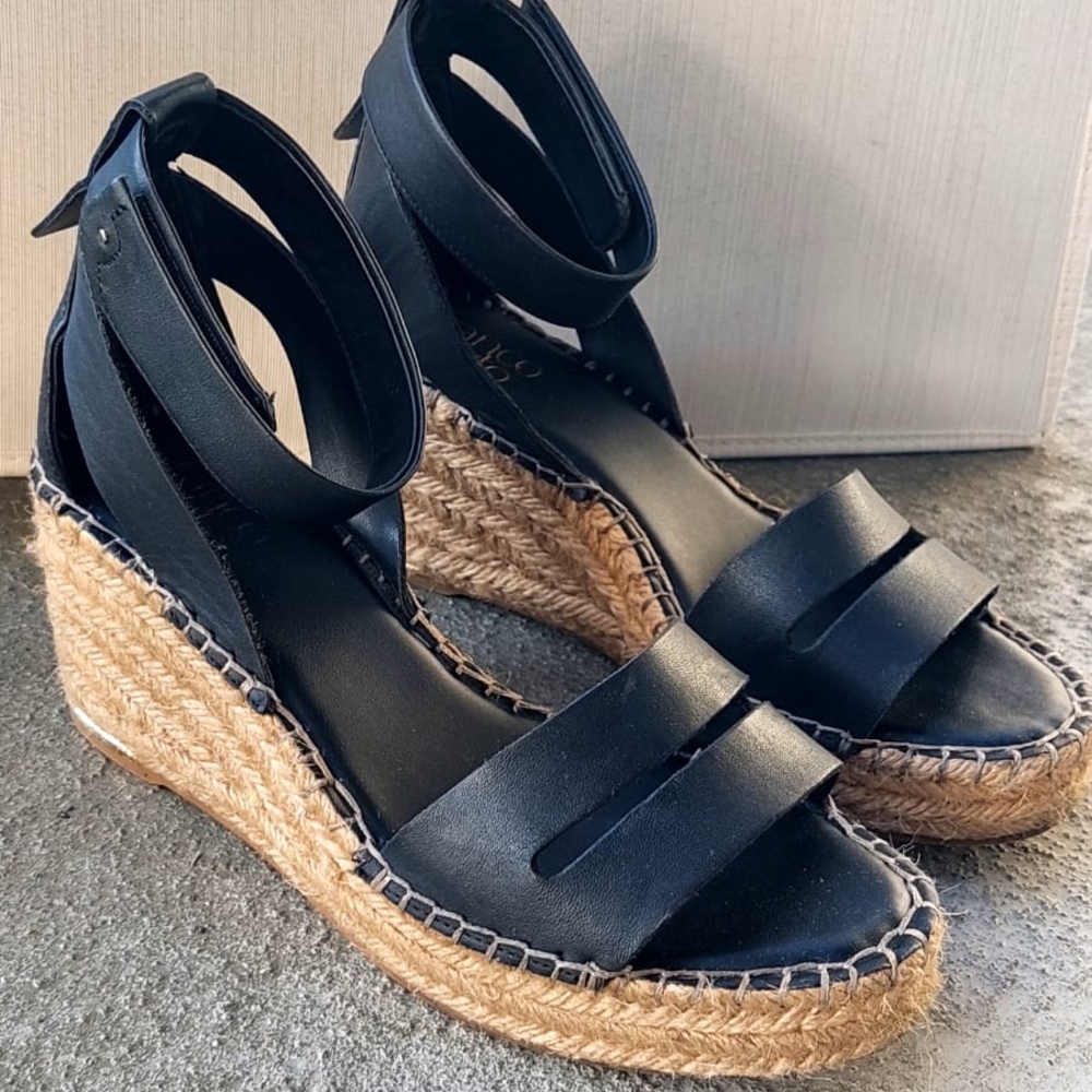 Franco Sarto Black and Tan Espadrille Wedge Sandals